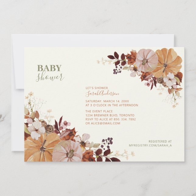 Invitación rustica a Baby Shower floral de otoño (Anverso)