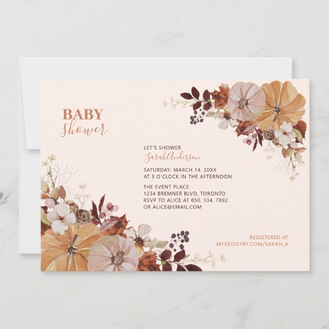 Invitación rustica a Baby Shower floral de otoño (Anverso)