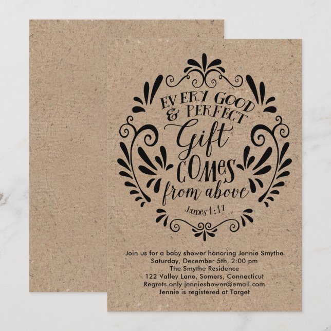 Invitación rústica a Baby Shower, tipografía sobre (Anverso / Reverso)