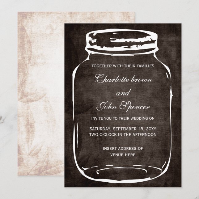 invitación rústica a la boda de tarro de masas (Anverso / Reverso)