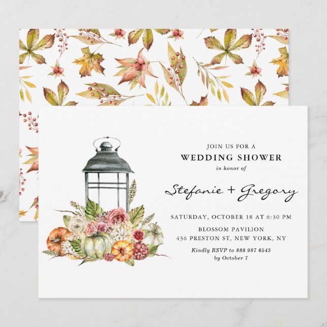 Invitación Rústica acuarela caída Lantern Weddadora (Anverso / Reverso)