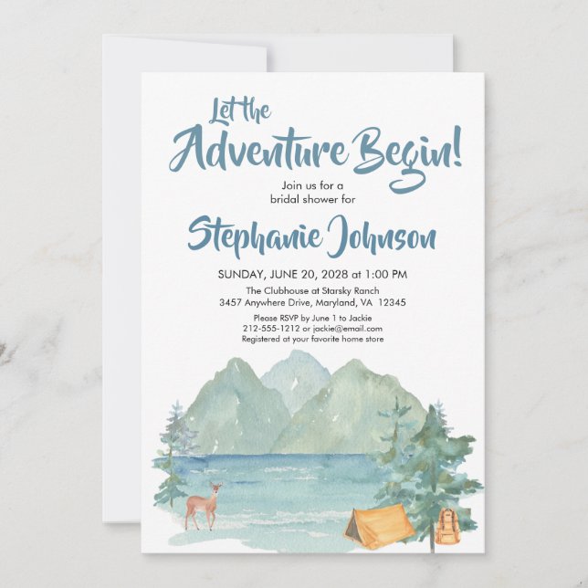 Invitación Rústica acuarela de montaña Adventure Bridal Showe (Anverso)
