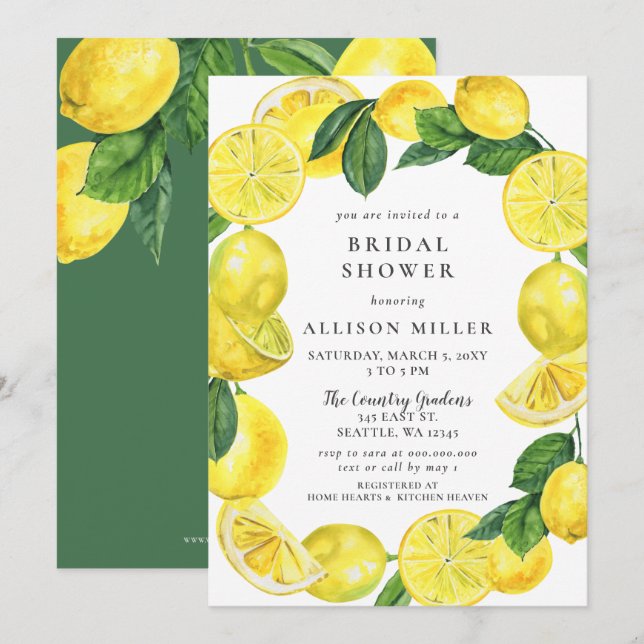 Invitación Rústica acuarela Lemon Wreath Bridal Shower (Anverso / Reverso)