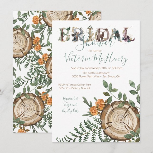 Invitación Rústica acuarela leñador de bosques Bridal Shower (Anverso / Reverso)