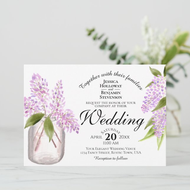 Invitación Rústica acuarela Lilacs Hermosa Boda Primavera (Anverso de pie)