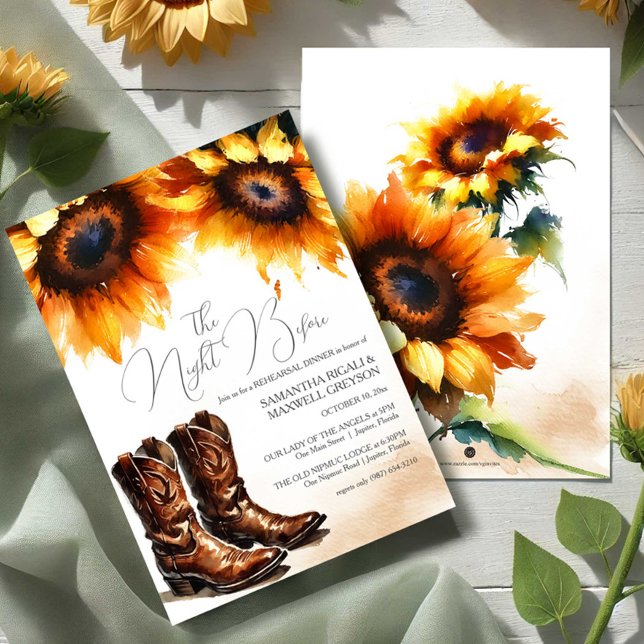 Invitación Rústica acuarela País Ensayo Cena (Country sunflower rehearsal dinner invitations with cowboy boots.)