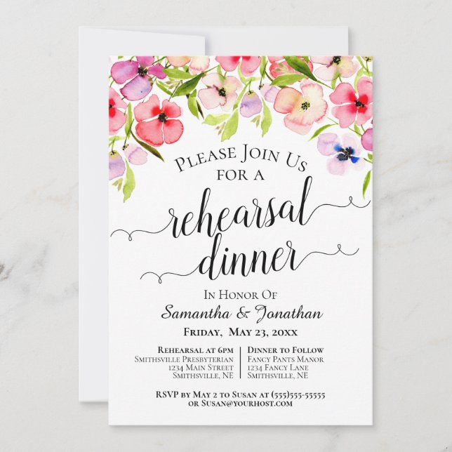 Invitación Rústica acuarela Pansies Boda ensayo Cena (Anverso)