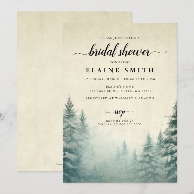 Invitación Rústica acuarela Pine Forest Bridal Shower (Anverso / Reverso)
