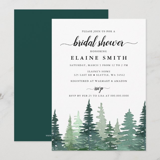 Invitación Rústica acuarela Pine Forest Bridal Shower (Anverso / Reverso)
