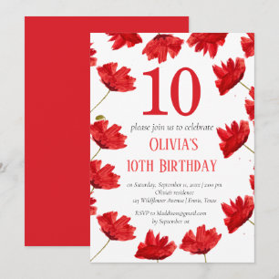 Invitación Rústica amapola 10° cumpleaños flor silvestre rojo