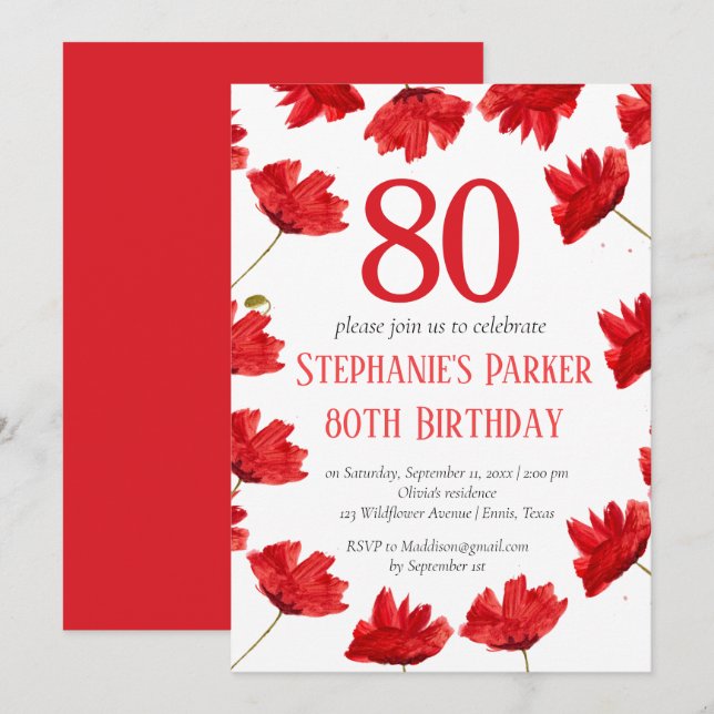 Invitación Rústica amapola 80 cumpleaños flor silvestre Flor  (Anverso / Reverso)