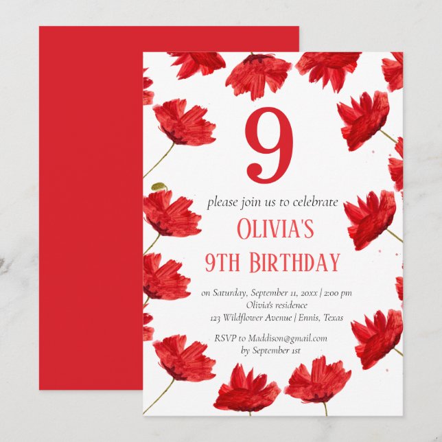 Invitación Rústica amapola 9 de cumpleaños flor silvestre Flo (Anverso / Reverso)