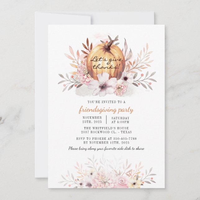 Invitación Rústica Amistad Floral Caída Sale Calabaza (Anverso)