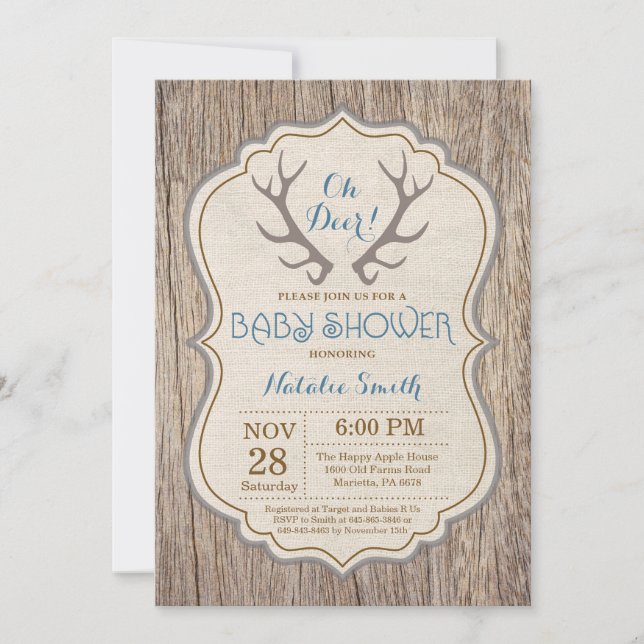 Invitación Rústica Antler Oh Deer Boy Baby Shower (Anverso)
