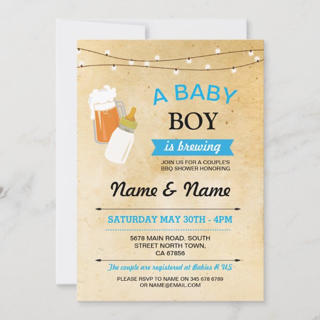 Invitación Rústica Baby Shower Boy Beer Blue (Anverso)