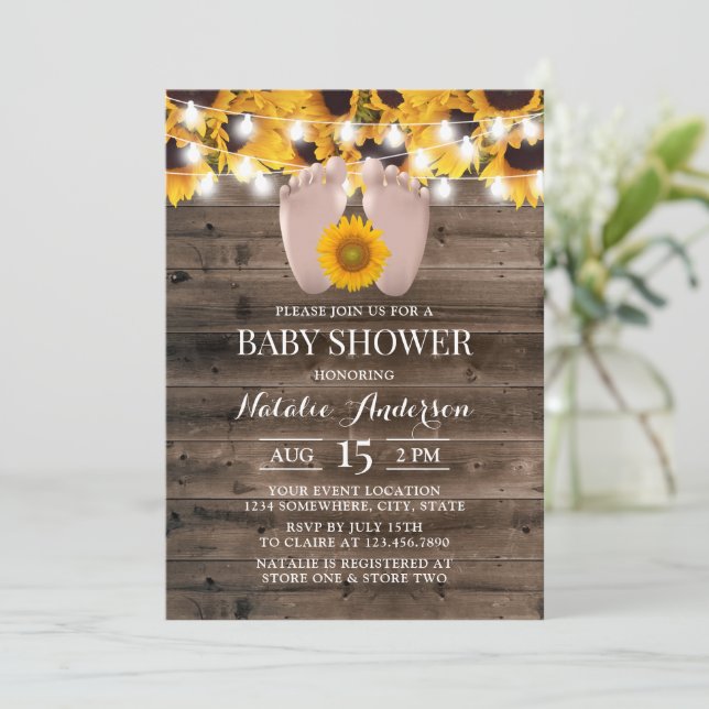 Invitación Rústica barra de girasol Madera Pies de bebé Baby  (Anverso de pie)