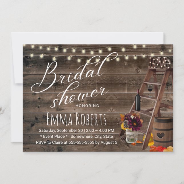 Invitación Rústica barrica de vino y ducha de novias de otoño (Anverso)