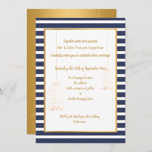 INVITACIÓN RÚSTICA BIRDCAGE BLANCO NAVY GOLD STRIPE 2 BODA (Anverso / Reverso)