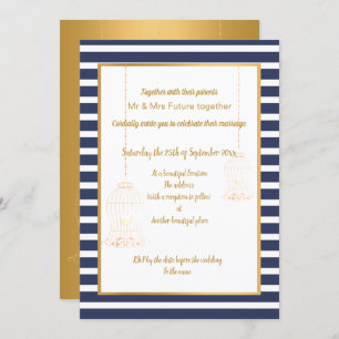 INVITACIÓN RÚSTICA BIRDCAGE BLANCO NAVY GOLD STRIPE 2 BODA