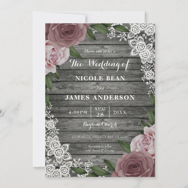 Invitación Rústica Boda de encaje de madera rosa floral Gris (Anverso)