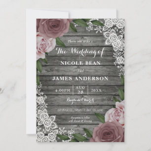 Invitación Rústica Boda de encaje de madera rosa floral Gris 