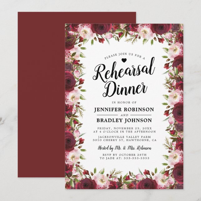 Invitación Rústica Boda de flores de Borgoña Cena (Anverso / Reverso)