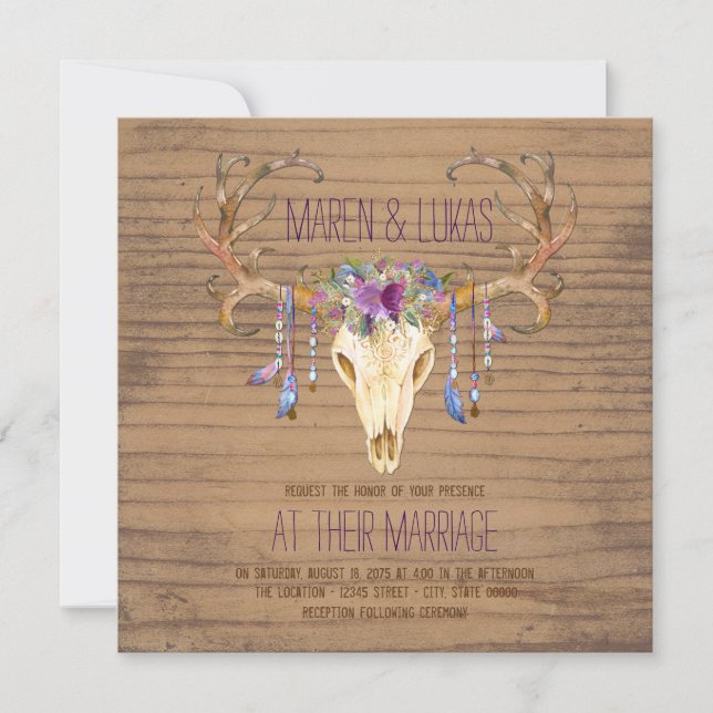 Invitación Rústica Boda del Suroeste de Antler Skull Wood Dee (Anverso)