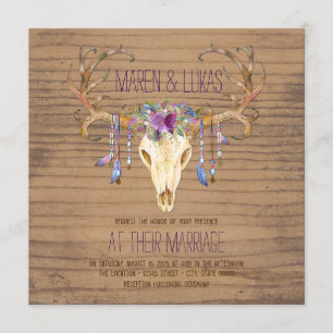 Invitación Rústica Boda del Suroeste de Antler Skull Wood Dee