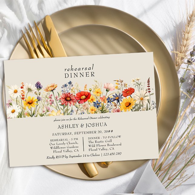 Invitación Rústica Boda floral de flores silvestres Cena (Wedding Rehearsal Dinner invitation from the Rustic Wildflower Wedding Collection by Darling & May)