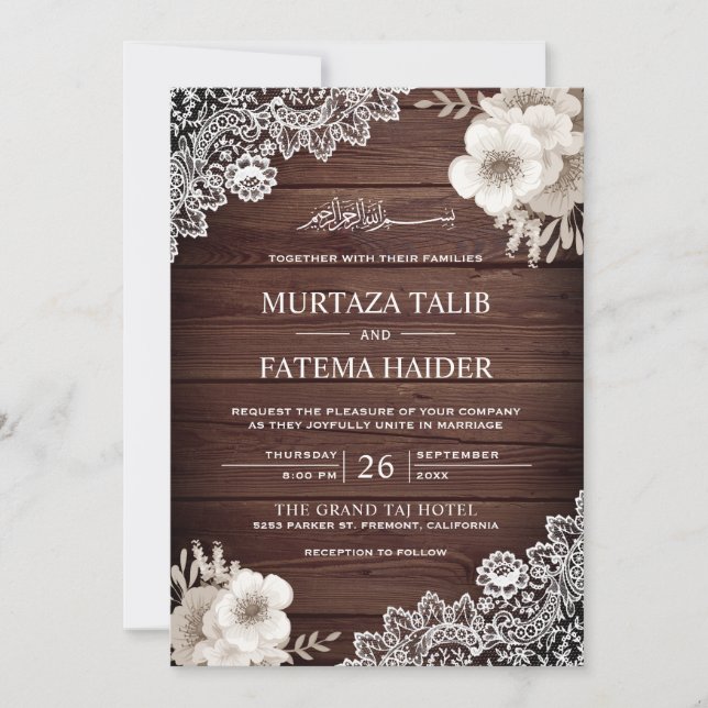 Invitación Rústica Boda islámica de leña floral (Anverso)