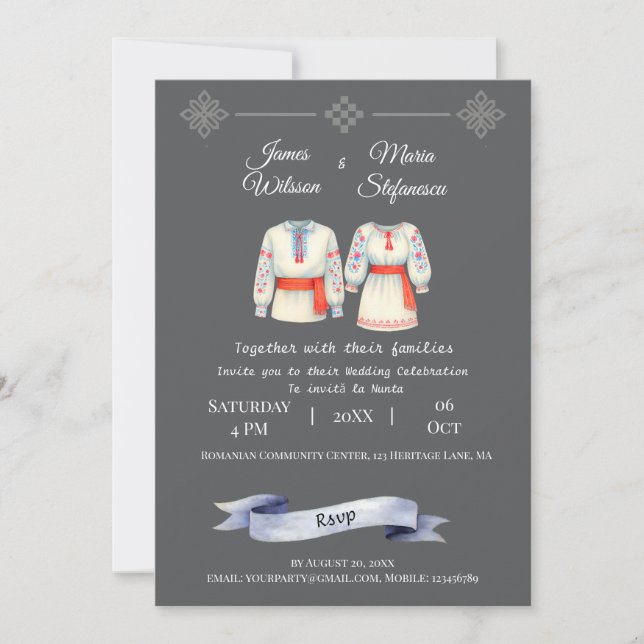 Invitación Rústica Boda rumana Vestidos folclóricos tradicion (Anverso)