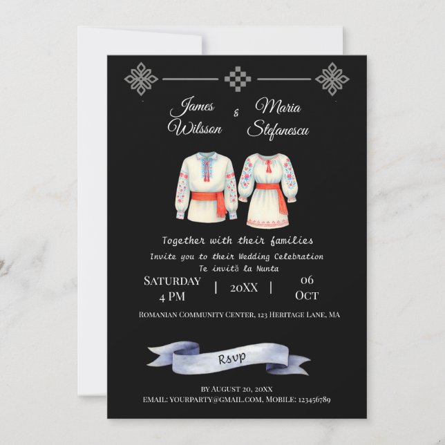 Invitación Rústica Boda rumana Vestidos folclóricos tradicion (Anverso)