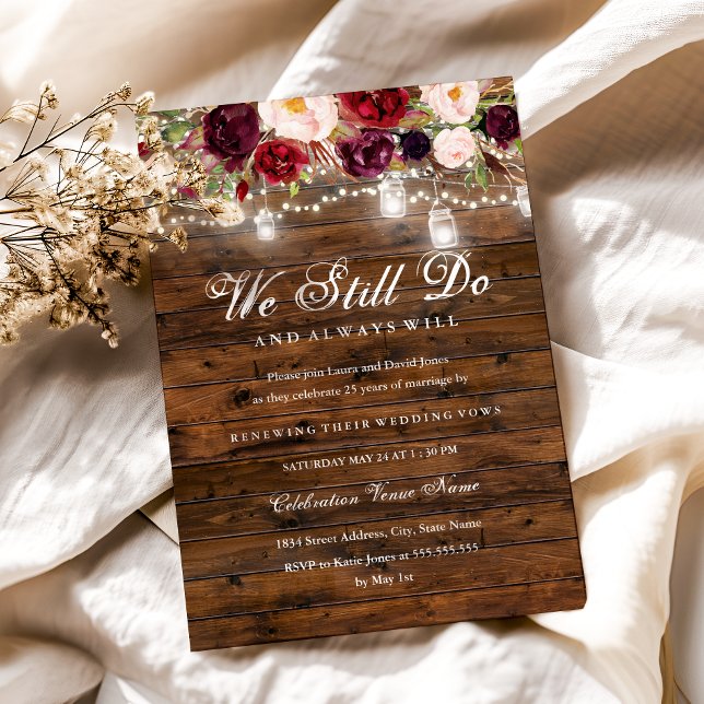 Invitación Rústica Borgoña Boda de la luz floral promete reno (Subido por el creador)