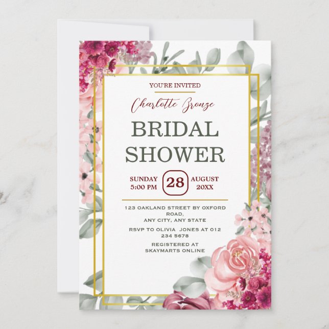 Invitación Rústica Borgoña Marsala Floral Rosa Ducha Bridal (Anverso)