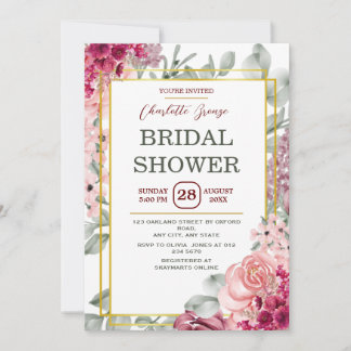 Invitación Rústica Borgoña Marsala Floral Rosa Ducha Bridal