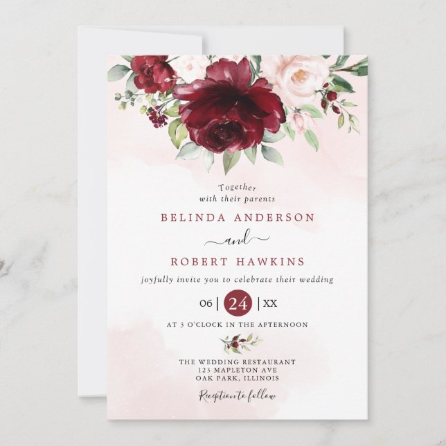 Invitación Rústica Borgoña Rubor Boda de vegetación floral ro (Anverso)