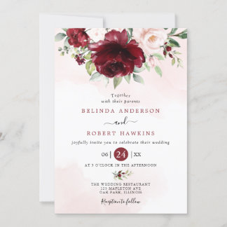Invitación Rústica Borgoña Rubor Boda de vegetación floral ro