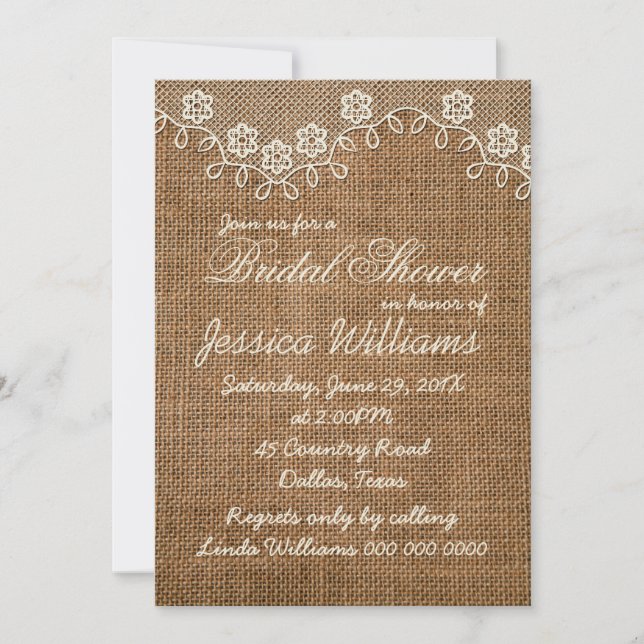 Invitación Rústica Bridal Shower Burlap Y Lace (Anverso)