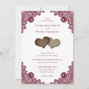 Invitación Rústica Burgundy Red Burlap y Boda de encaje