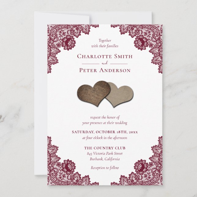 Invitación Rústica Burgundy Red Burlap y Boda de encaje (Anverso)