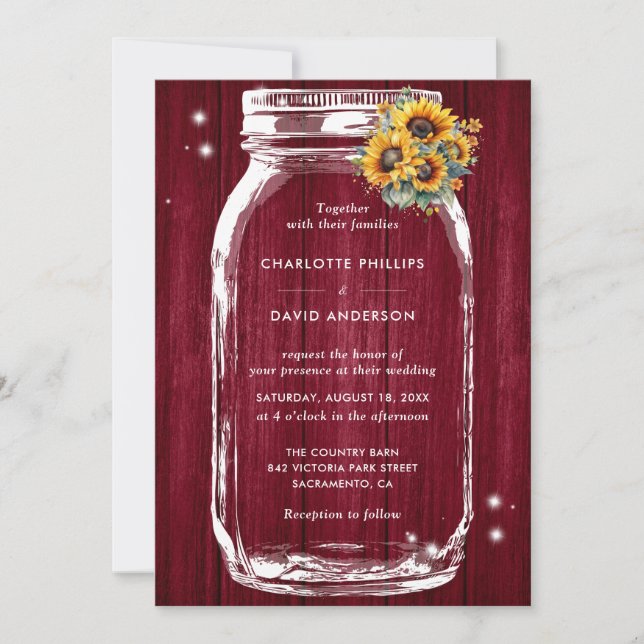 Invitación Rústica Burgundy Wood Sunflower Mason Jar Boda (Anverso)