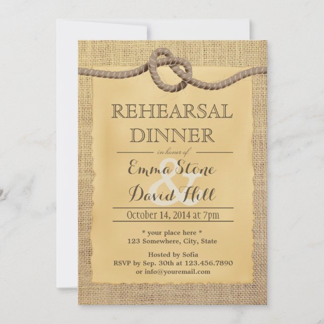 Invitación Rústica Burlap amarrando la cena del ensayo Knot (Anverso)