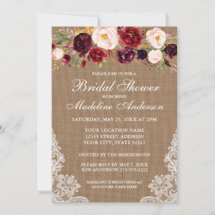 Invitación Rústica Burlap Lace Burgundy Floral Bridal Shower