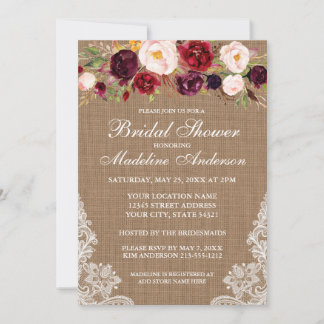 Invitación Rústica Burlap Lace Burgundy Floral Bridal Shower