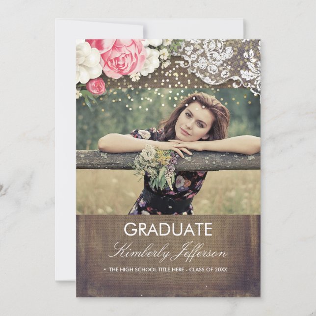 Invitación Rústica Burlap Lace Gold Confetti Foto Graduada (Anverso)