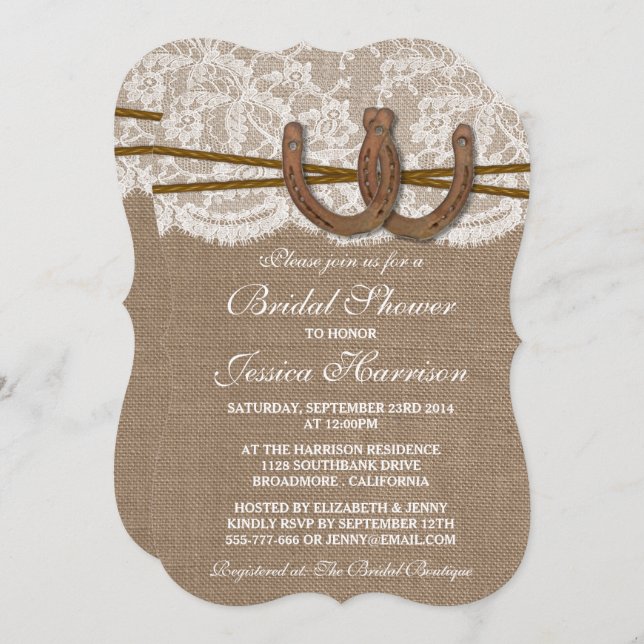 Invitación Rústica Burlap & Lace Horseshoe Bridal Shower (Anverso / Reverso)