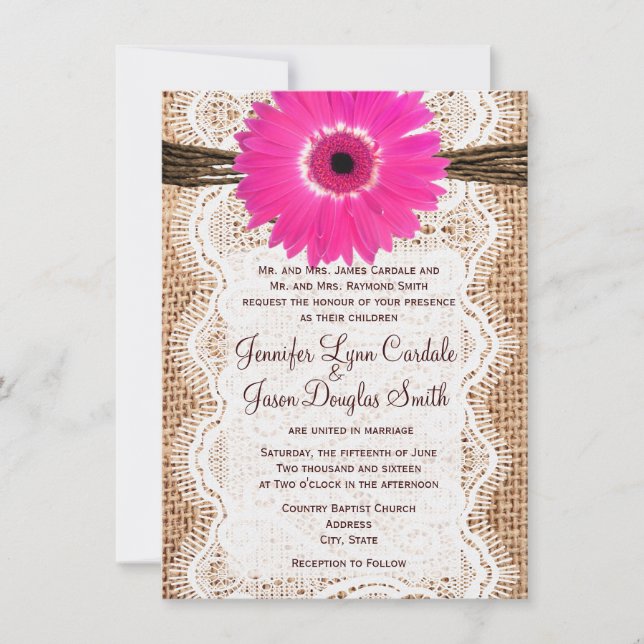Invitación Rústica Burlap Lace Hot Pink Daisy Wedding Invita (Anverso)