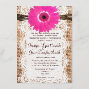 Invitación Rústica Burlap Lace Hot Pink Daisy Wedding Invita