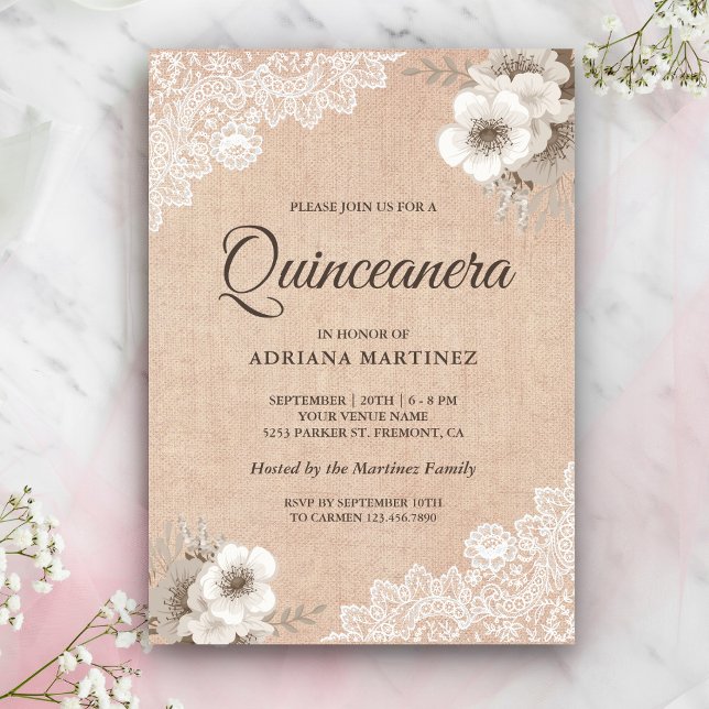 Invitación Rústica Burlap Lace Ivory Floral Quinceanera (Subido por el creador)