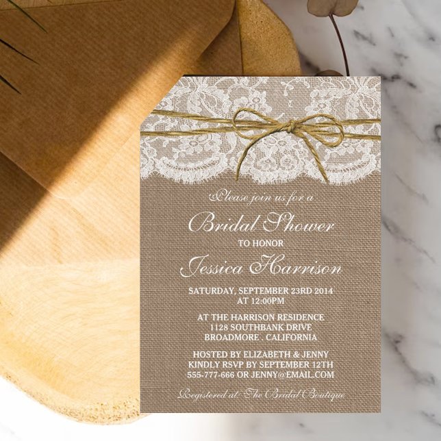 Invitación Rústica Burlap, Lace & Twine Bow Bridal Shower (Subido por el creador)